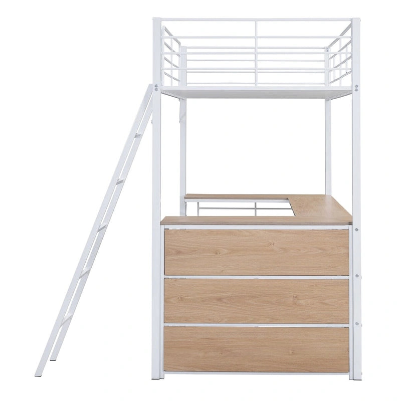 White Twin Metal Loft Bed with Shelves & Desk