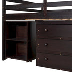 Espresso Pine Wood Multifunctional Loft Bed with Movable Desk, Modular Bookshelf, Chest of Drawers