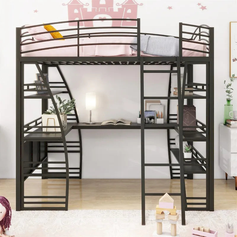Full Size Loft Bed with 4 Layers of Shelves and L Shaped Desk