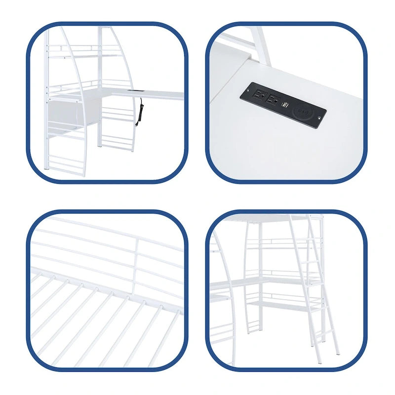 Full Size Loft Bed with 4 Layers of Shelves and L Shaped Desk