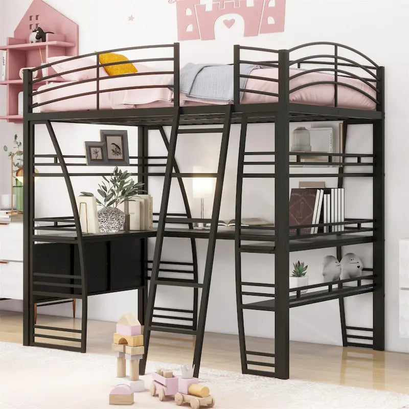 Full Size Loft Bed with 4 Layers of Shelves and L Shaped Desk