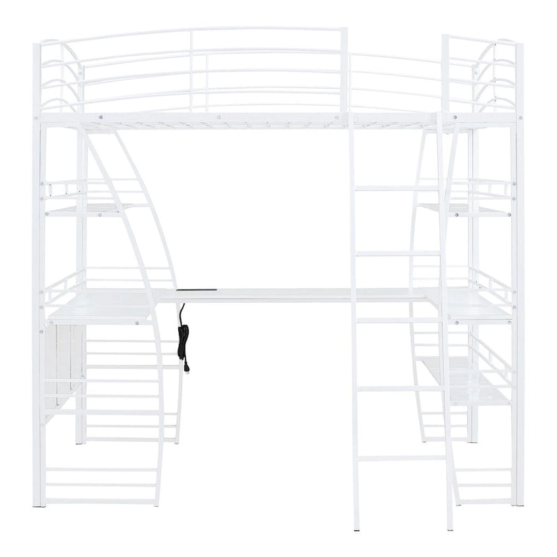 Full Size Loft Bed with 4 Layers of Shelves and L Shaped Desk