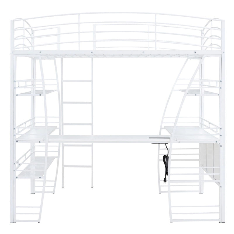 Full Size Loft Bed with 4 Layers of Shelves and L Shaped Desk