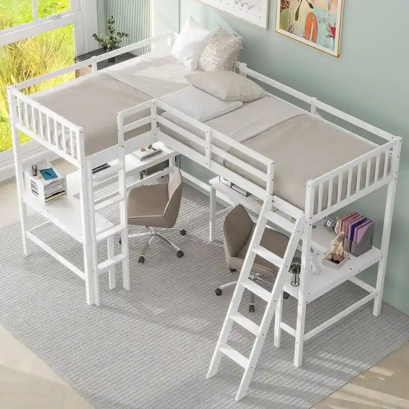 Wood Twin Size L-Shaped Loft Bed with Ladder and 2 Built-in L-Shaped Desks