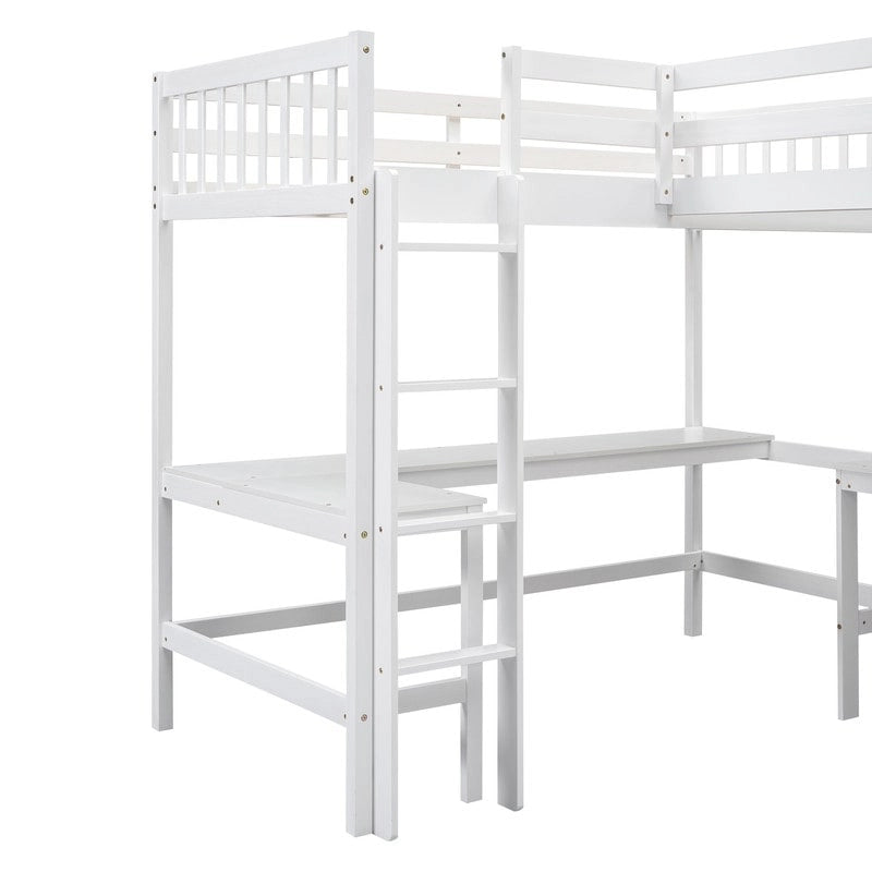 Wood Twin Size L-Shaped Loft Bed with Ladder and 2 Built-in L-Shaped Desks