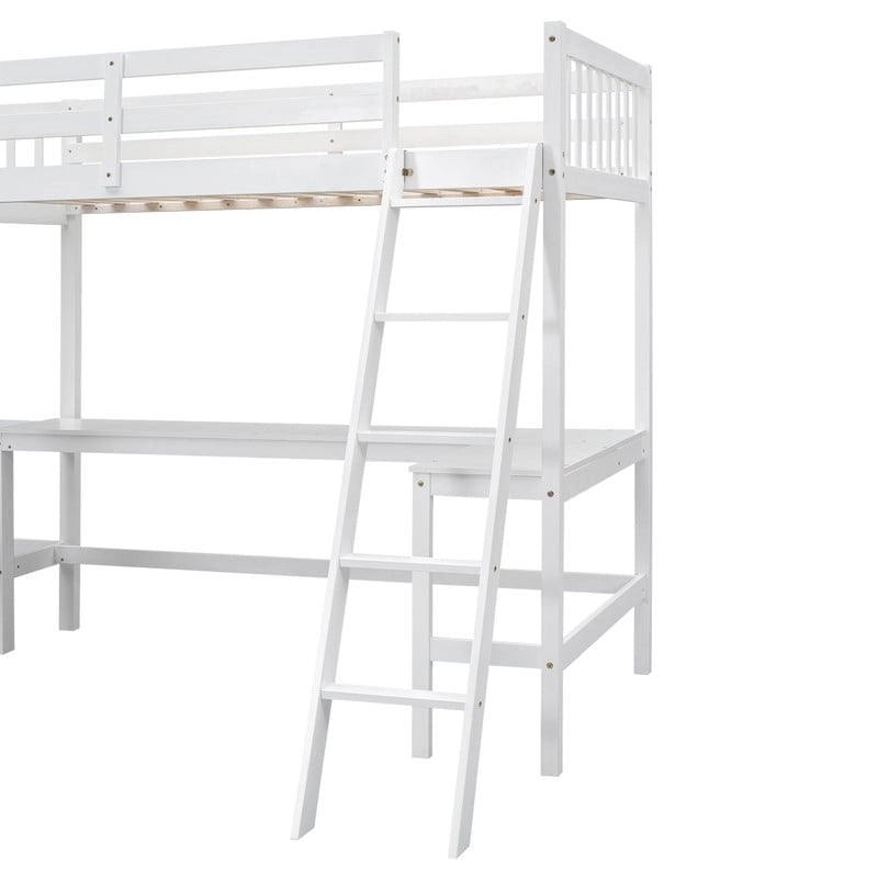 Wood Twin Size L-Shaped Loft Bed with Ladder and 2 Built-in L-Shaped Desks
