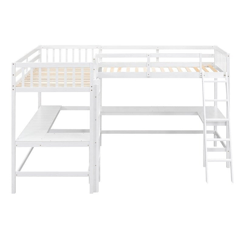 Wood Twin Size L-Shaped Loft Bed with Ladder and 2 Built-in L-Shaped Desks