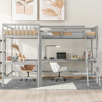 Wood Twin Size L-Shaped Loft Bed with Ladder and 2 Built-in L-Shaped Desks
