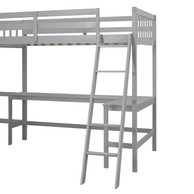 Wood Twin Size L-Shaped Loft Bed with Ladder and 2 Built-in L-Shaped Desks