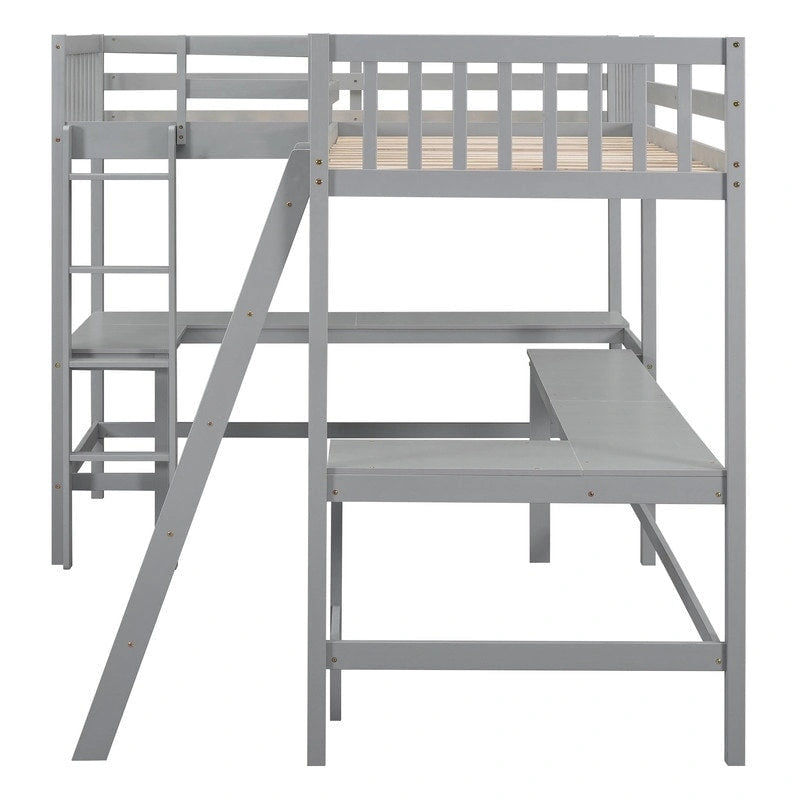 Wood Twin Size L-Shaped Loft Bed with Ladder and 2 Built-in L-Shaped Desks