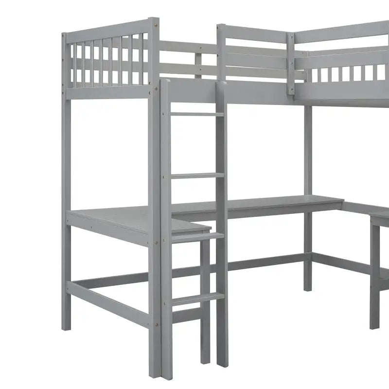 Wood Twin Size L-Shaped Loft Bed with Ladder and 2 Built-in L-Shaped Desks