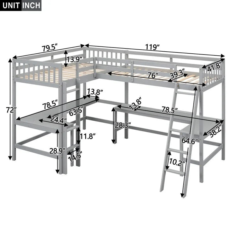 Wood Twin Size L-Shaped Loft Bed with Ladder and 2 Built-in L-Shaped Desks