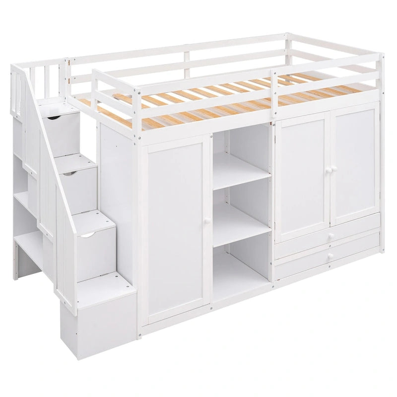 White Pine Wood Twin Loft Bed, Shelves, Wardrobes, Drawers, Ladder with Storage