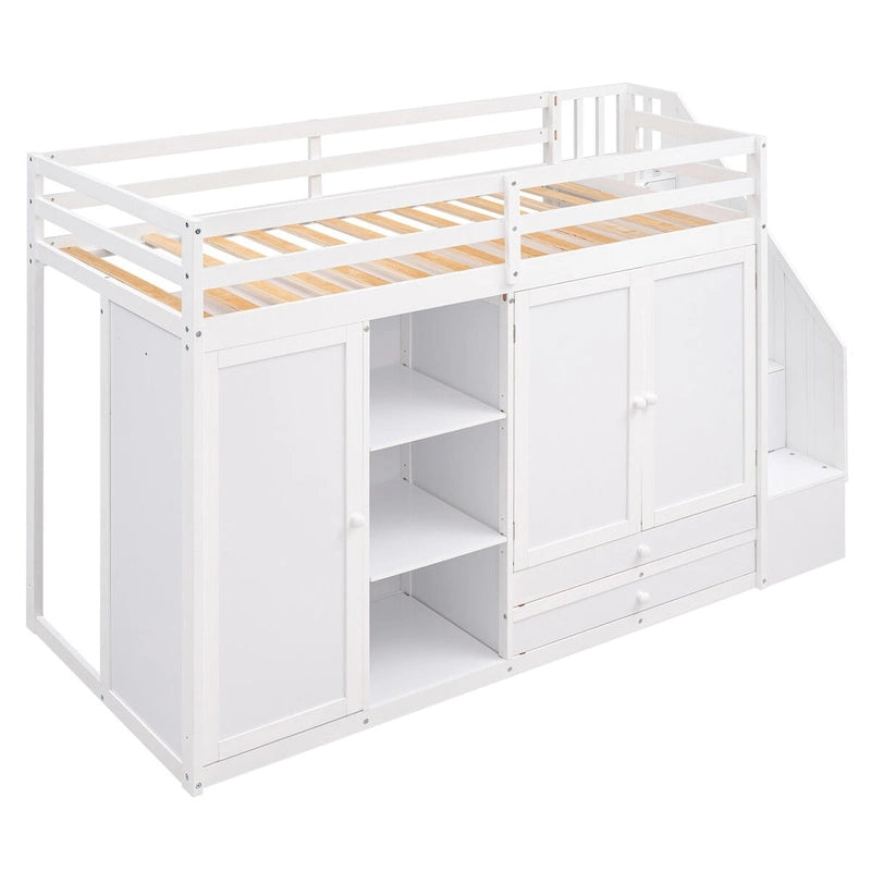 White Pine Wood Twin Loft Bed, Shelves, Wardrobes, Drawers, Ladder with Storage