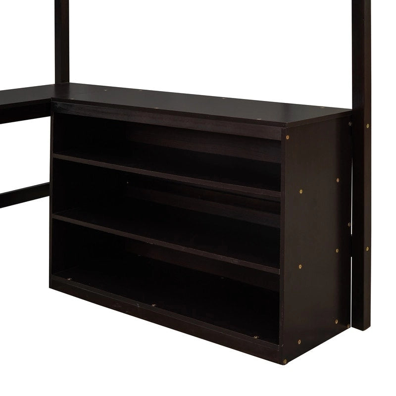 Full size Loft Bed with Shelves and Desk