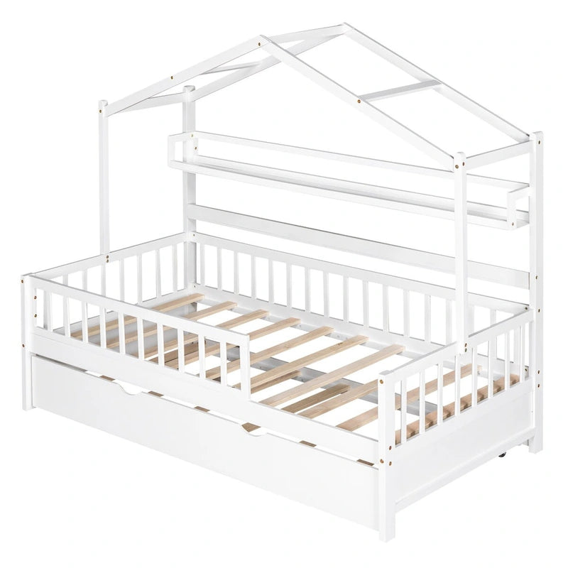 White Wooden House Bed with Twin Trundle and Shelf, Full-Length Guardrail