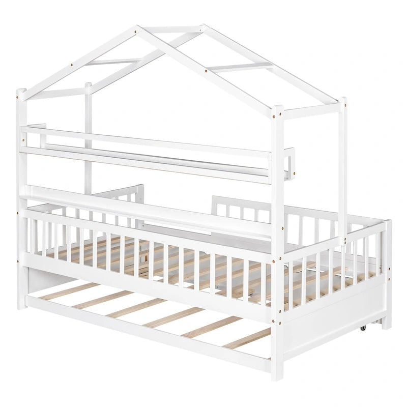 White Wooden House Bed with Twin Trundle and Shelf, Full-Length Guardrail