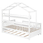 White Wooden House Bed with Twin Trundle and Shelf, Full-Length Guardrail