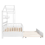 White Wooden House Bed with Twin Trundle and Shelf, Full-Length Guardrail