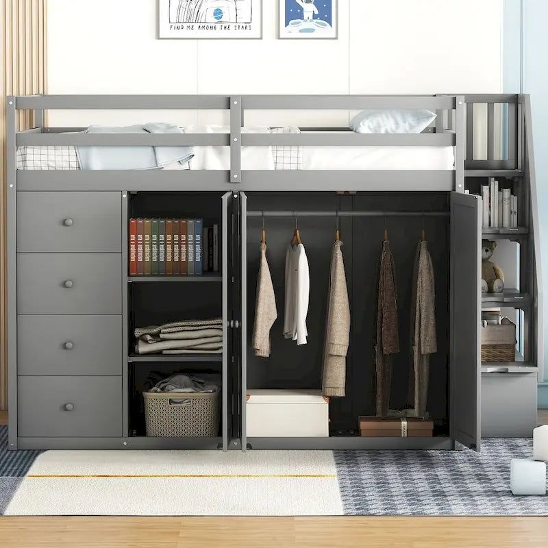 Wood Loft Bed With Built-in Wardrobes, Cabinets and Drawers