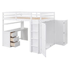 White Multi-functional Pine Loft Bed with Desk, Wardrobe, Drawers, Shelves