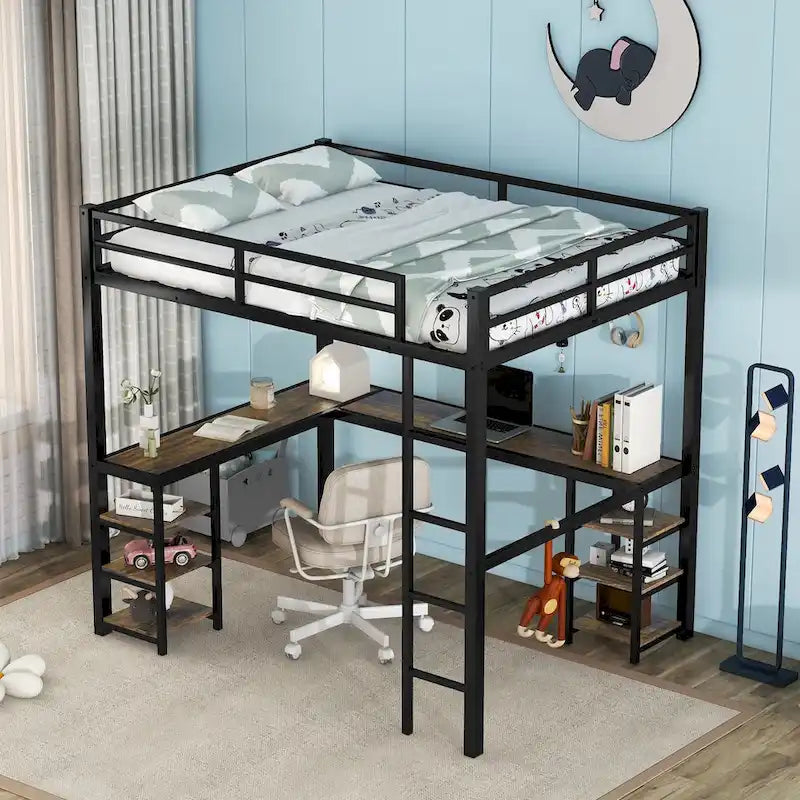Full Metal Loft Bed with Desk and Shelves