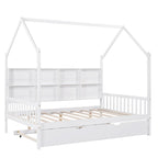 White Wooden Kids House Bed with Trundle and Shelf