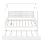 White Wooden Kids House Bed with Trundle and Shelf