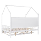 White Wooden Kids House Bed with Trundle and Shelf