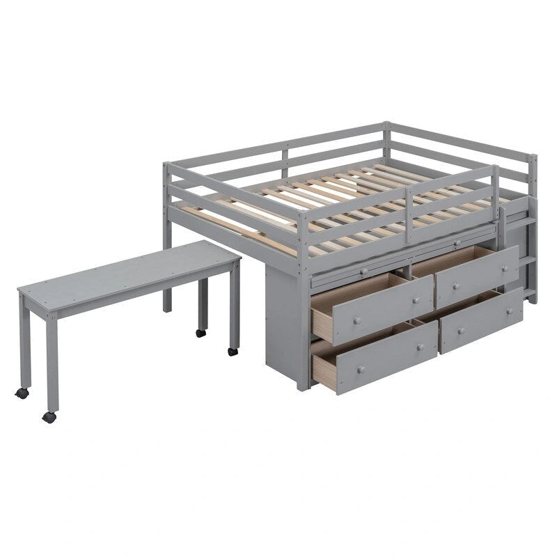 Full Size Loft Bed with Retractable Writing Desk and 4 Drawers
