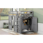 Wood Twin Size Loft Bed with Built-In Storage Wardrobe and 2 Windows, Full-Length Guardrails Upper Bunk