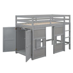 Wood Twin Size Loft Bed with Built-In Storage Wardrobe and 2 Windows, Full-Length Guardrails Upper Bunk