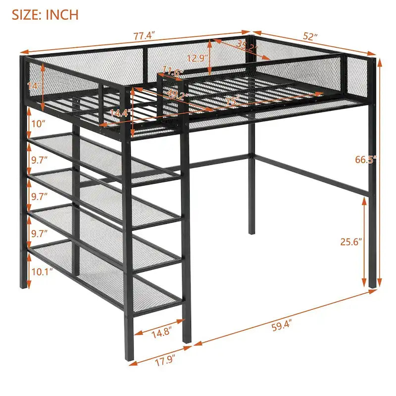 Black Metal Loft Bed with 4-Tier Shelves and Storage