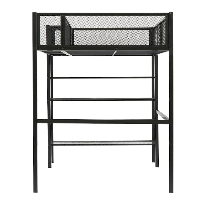 Black Metal Loft Bed with 4-Tier Shelves and Storage