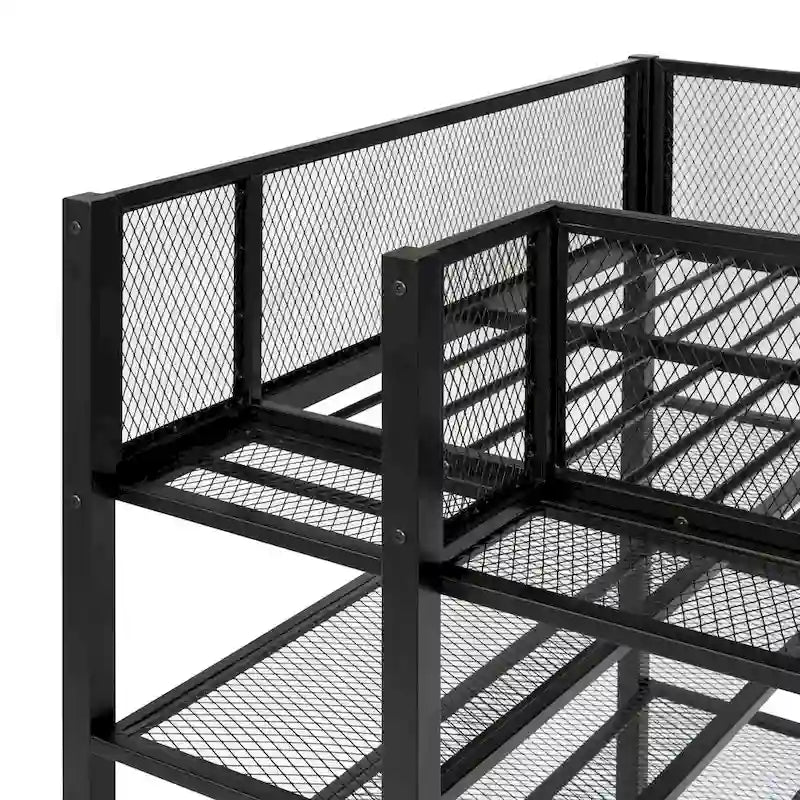 Black Metal Loft Bed with 4-Tier Shelves and Storage