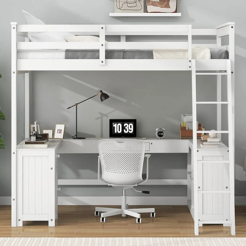 Full Size Loft Bed with U-shaped Desk, Drawers and Storage Shelves