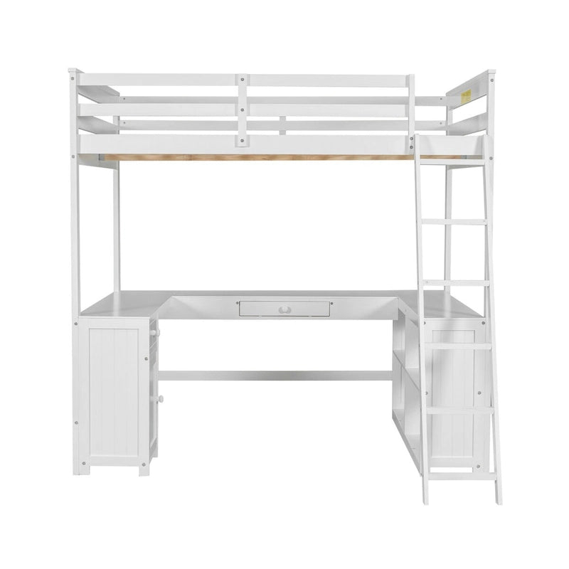 Full Size Loft Bed with U-shaped Desk, Drawers and Storage Shelves