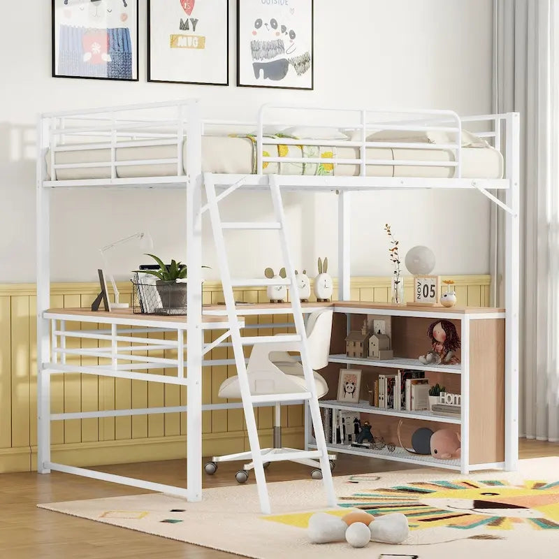 White Metal Loft Bed with L-shaped Desk and 3 Layers of Shelves, Reversible Ladder