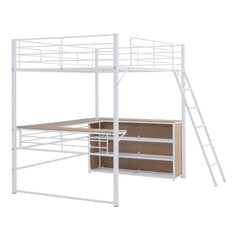 White Metal Loft Bed with L-shaped Desk and 3 Layers of Shelves, Reversible Ladder