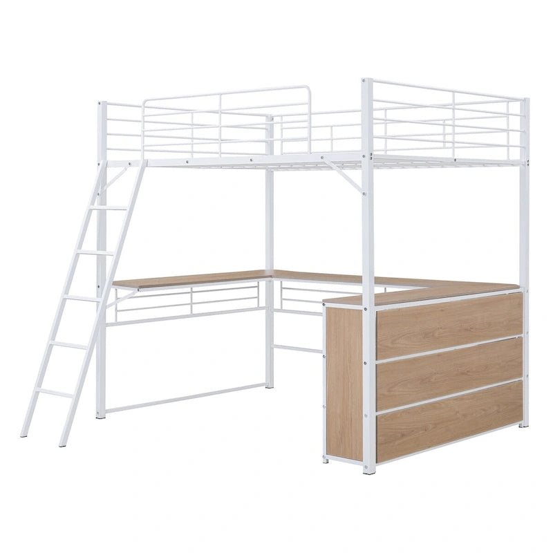 White Metal Loft Bed with L-shaped Desk and 3 Layers of Shelves, Reversible Ladder