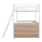 White Metal Loft Bed with L-shaped Desk and 3 Layers of Shelves, Reversible Ladder