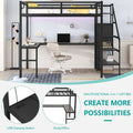 Full Size Black Metal Loft Bed with Desk, Closet, USB, and LED Lights