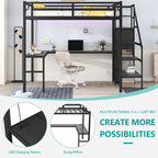 Full Size Black Metal Loft Bed with Desk, Closet, USB, and LED Lights