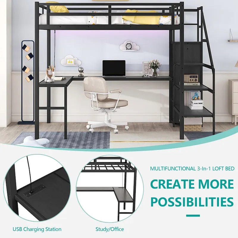 Full Size Black Metal Loft Bed with Desk, Closet, USB, and LED Lights