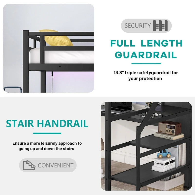 Full Size Black Metal Loft Bed with Desk, Closet, USB, and LED Lights