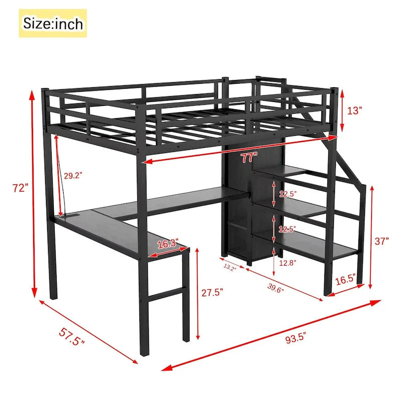 Full Size Black Metal Loft Bed with Desk, Closet, USB, and LED Lights
