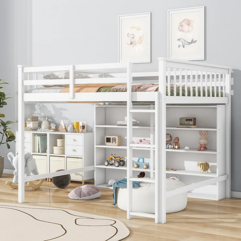 Full Loft Bed with Storage Shelves, Wood Loft Beds Frame with Bookcase, High Loft Bed with Ladder for Kids Boys Girls Teens