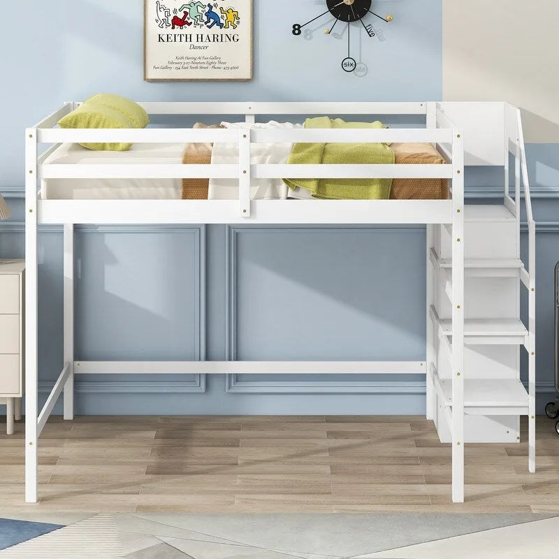 Wooden Full Size Loft Bed with Built-in Storage Wardrobe and Staircase