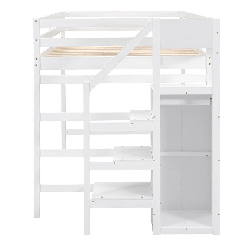 Wooden Full Size Loft Bed with Built-in Storage Wardrobe and Staircase