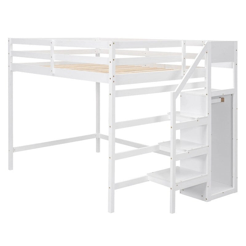 Wooden Full Size Loft Bed with Built-in Storage Wardrobe and Staircase